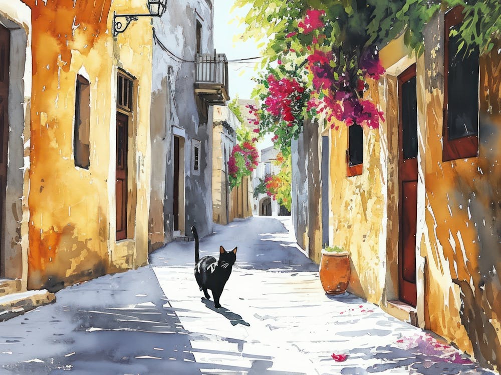 Rhodes, Greece   Cat In Street Art Watercolour Painting 3