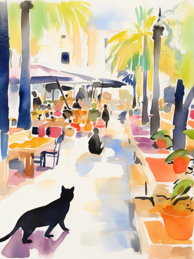 Food Market With Cats In Ibiza 4 Watercolour