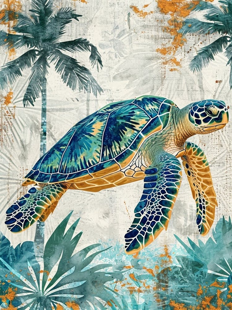 Blue Mixed Media Sea Turtle Collage