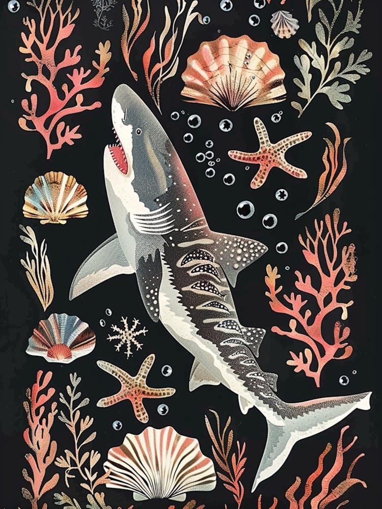 Tiger Shark Seascape Black Background Illustration 3