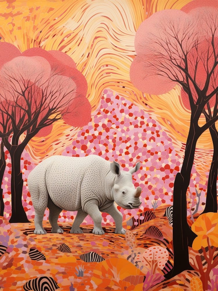 Rhino In The Trees Orange & Pink 2
