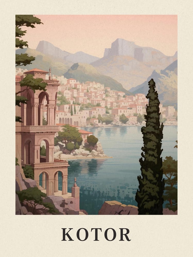 Kotor Montenegro 4 Vintage Pink Travel Illustration Poster