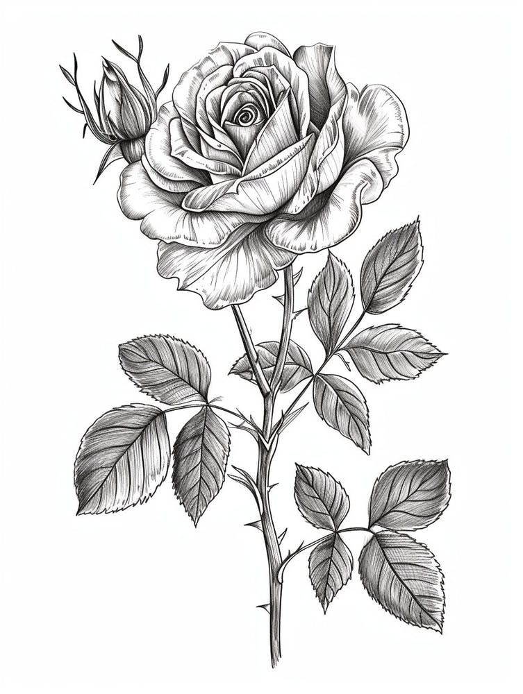 English Rose Black And White Line Drawing 25