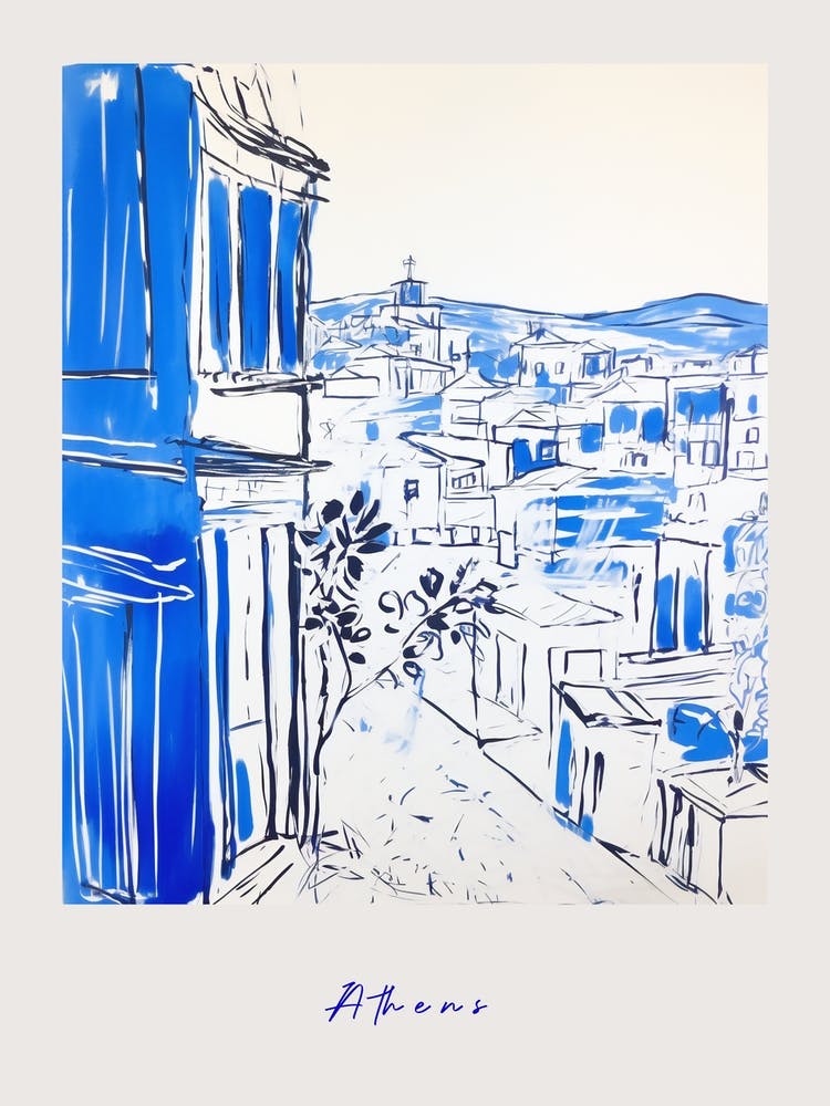 Athens Greece 2 Mediterranean Blue Drawing Poster