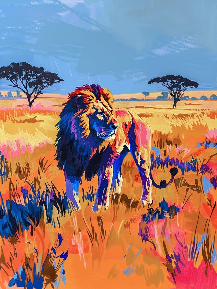 Southwest African Lion Hunting In The Savannah Fauvist Painting 3