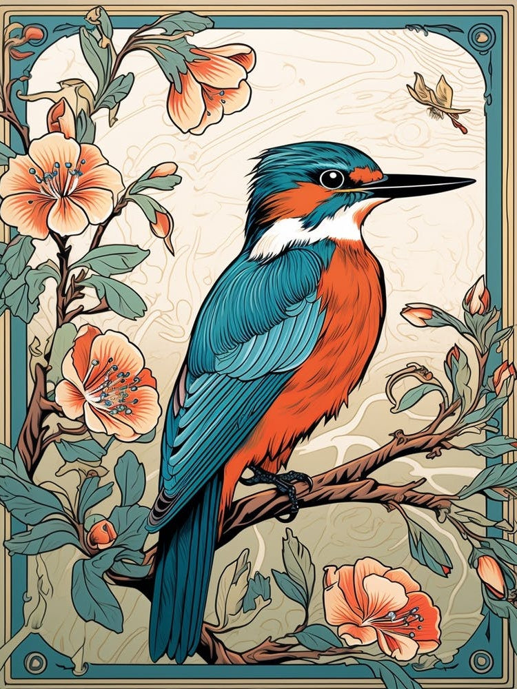 Vintage Bird Linocut Kingfisher 2