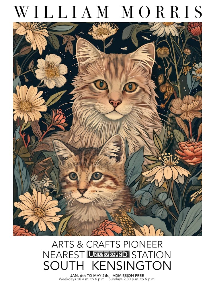 William Morris Print Cat Kitten Portrait Valentines Mothers Day Gift Botanical