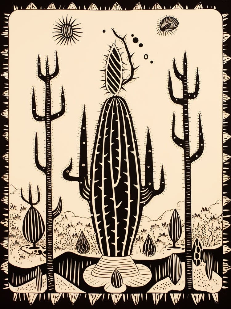 B&W Cactus Illustration Fishhook Cactus 3