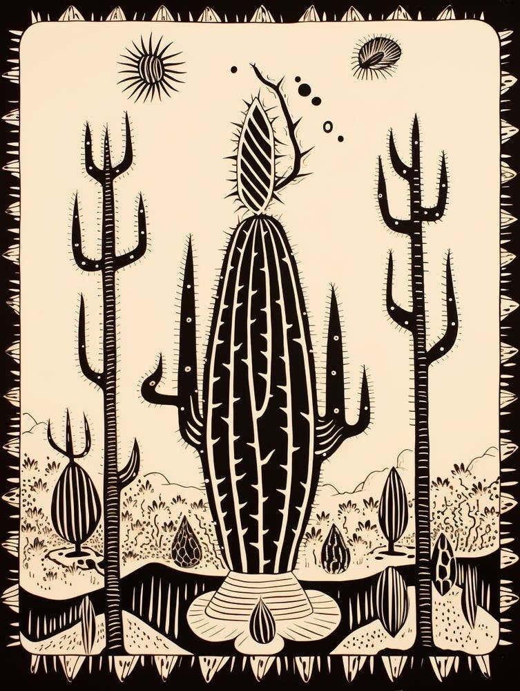 B&W Cactus Illustration Fishhook Cactus 3