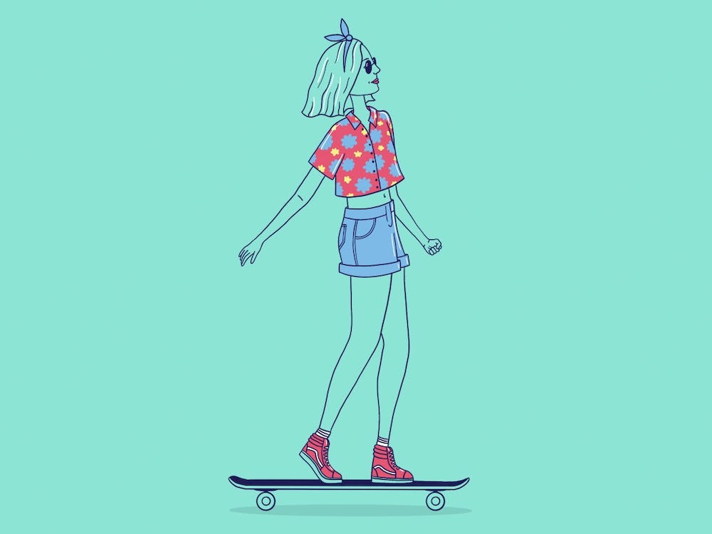 Skateboarder Girl with Hawaiian Shirt