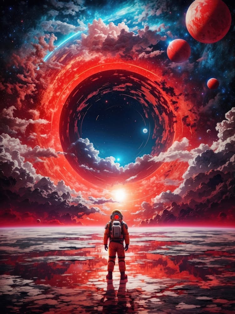 Amidst surreal planets, a lone astronaut witnesses a galactic fantasy—the universe collapsing into a cosmic dance around a devouring black hole.