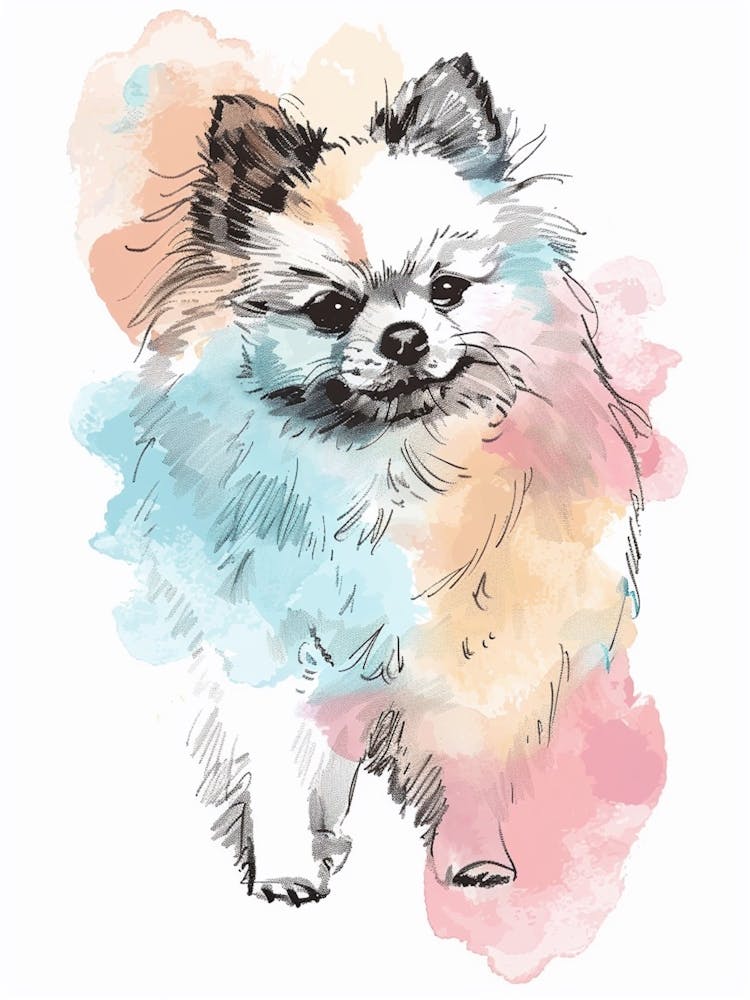 Pastell Zwergspitzhund Aquarell-Linien-Illustration 3