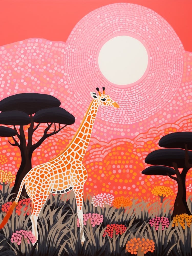 Giraffe In The Nature With Trees Pink 2