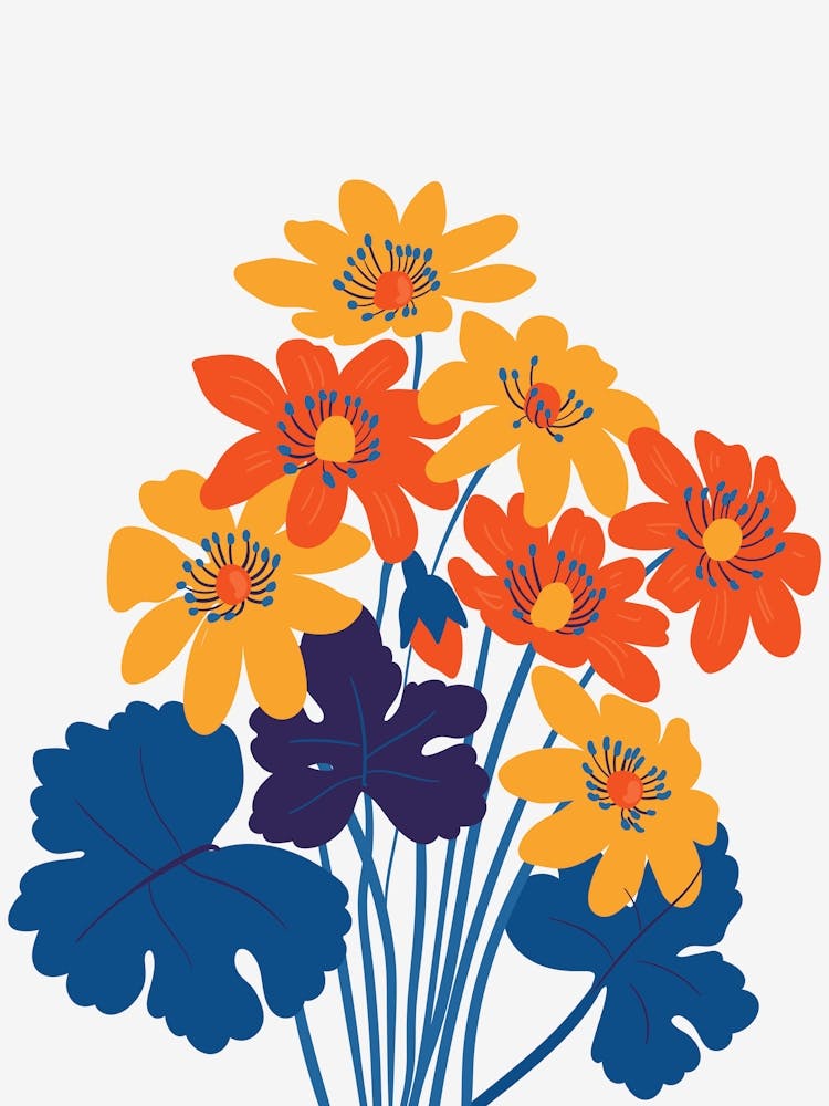 Blue, Orange, and Yellow Flowers