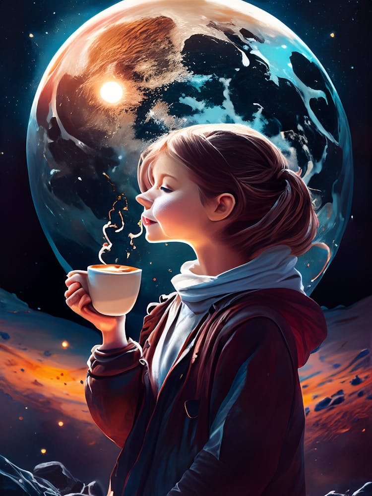Girl Enjoying Coffee Under Planetary Glow