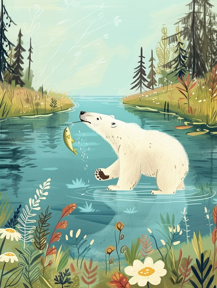 Polar Bear Catching Fish In A Tranquil Lake Storybook Illustration 3