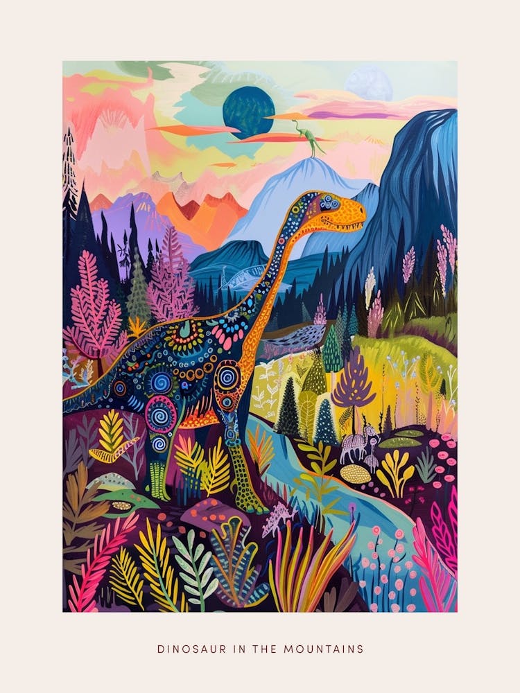Colourful Dinosaur Pattern Drawing In The Mountains 2 Poster