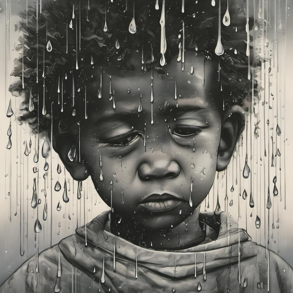 Sad African kid under rain