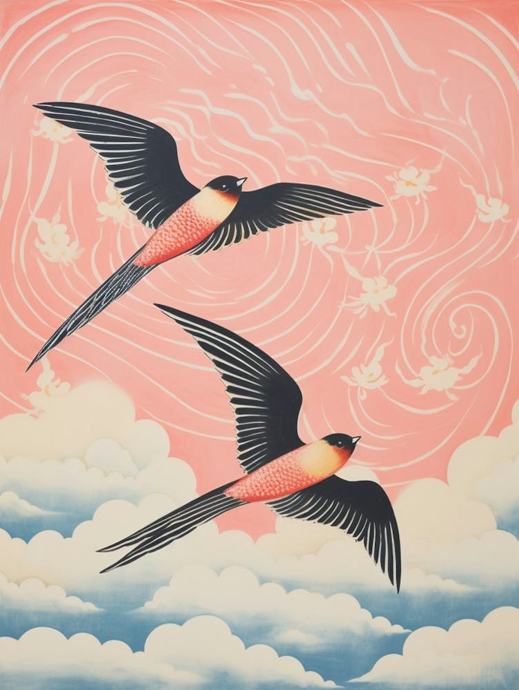 Vintage Japanisch Inspirierter Vogeldruck Schwalbe 2
