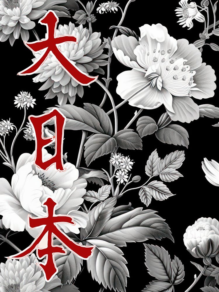 Hokusai Great Japan Poster Monochrome Flowers 8