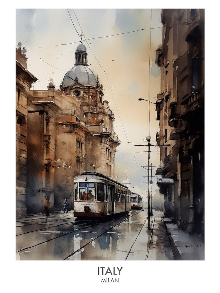 Milan, Italy 5 Watercolor Travel Poster