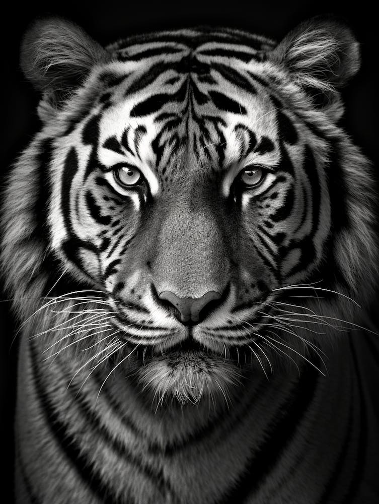 Black And White Photograph Of A Tiger Face