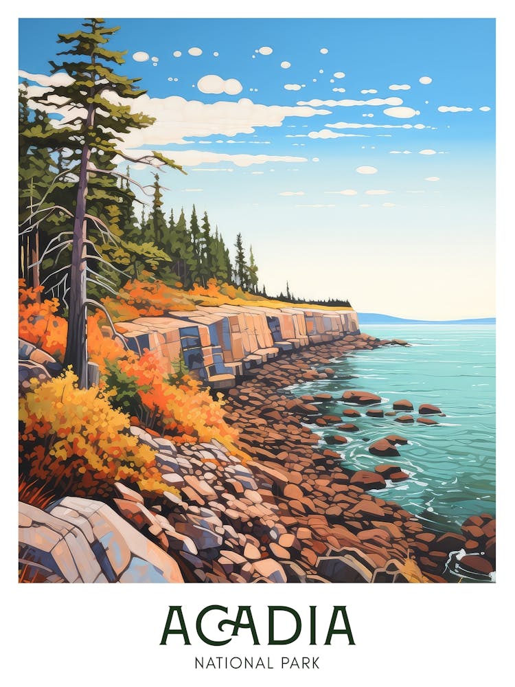 Acadia, Parc National - Affiche de Voyage Maximaliste Couleur Vibrante