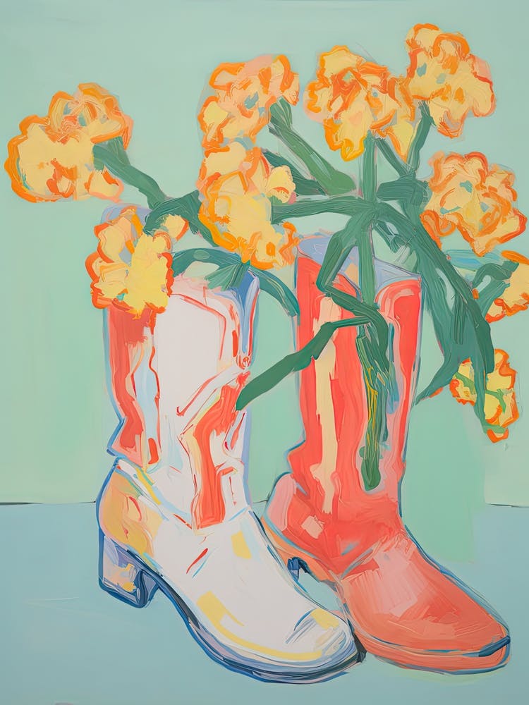 Gemälde von gelben Blumen und Cowboystiefeln, Ölstil 1 2