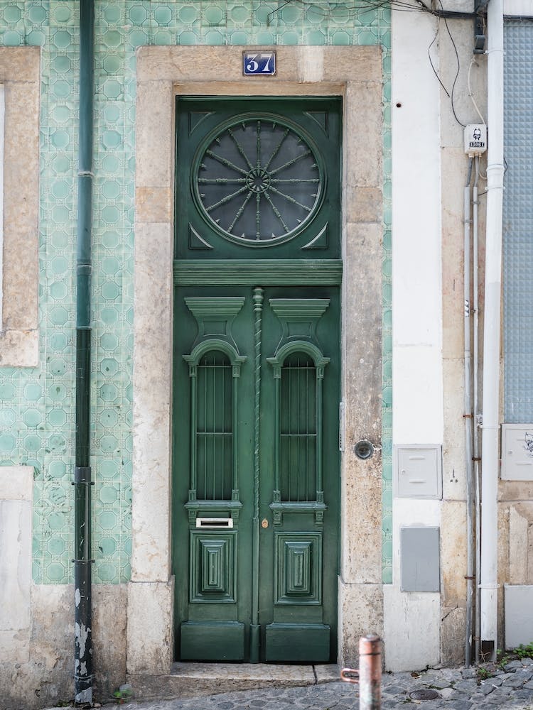 Narrow Old Wooden Green Door Alfama Lisbon