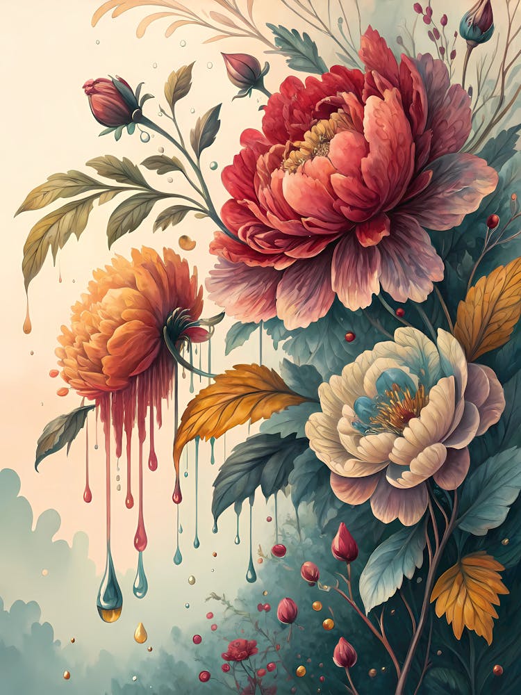Oil Painting Style Vibrant Dripping Peonies: Abstract Floral Art with Watercolor Effects