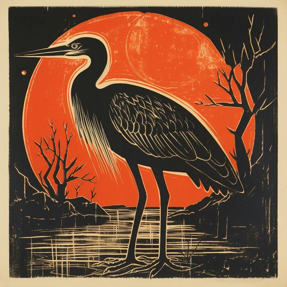 Retro Bird Lithograph Egret 2