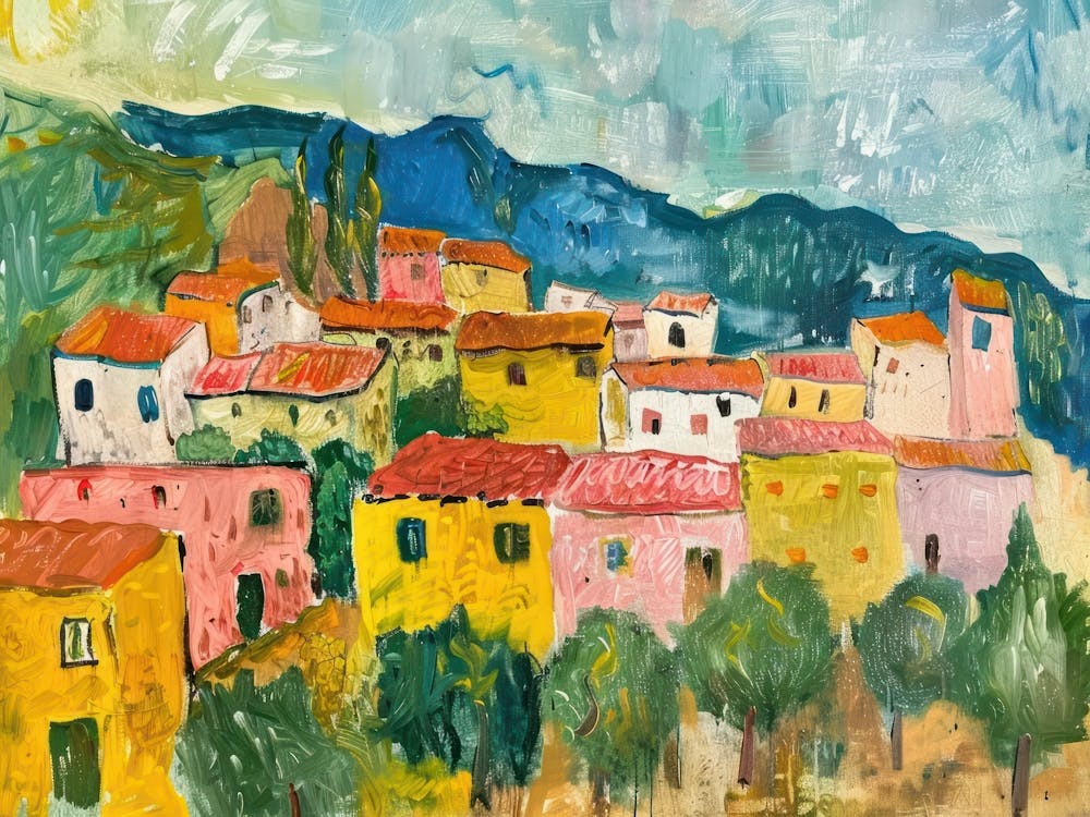Ruhiger Weiler Gemälde inspiriert von Paul Cézanne