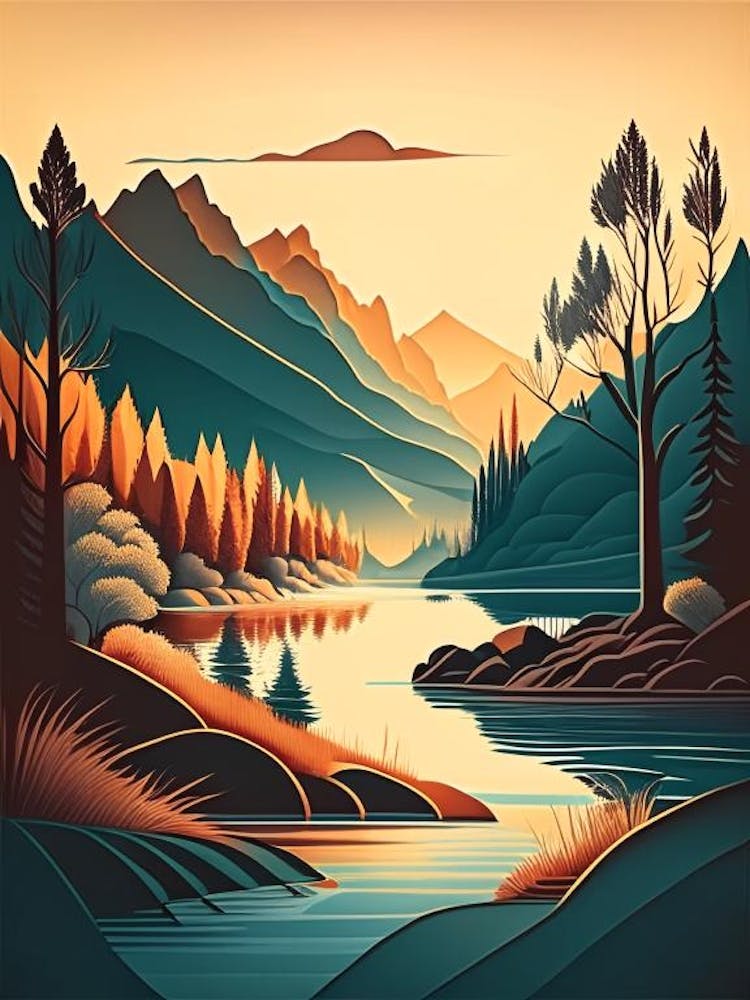 River Waterscape Retro Illustration 1