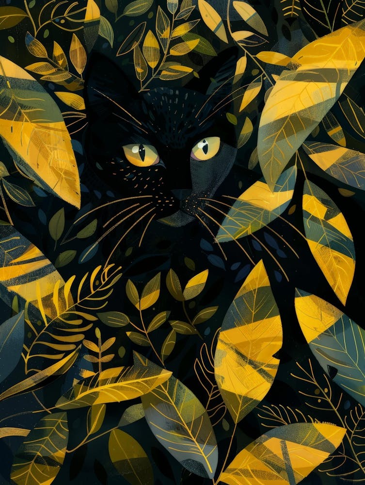 Black Cat In The Leaves