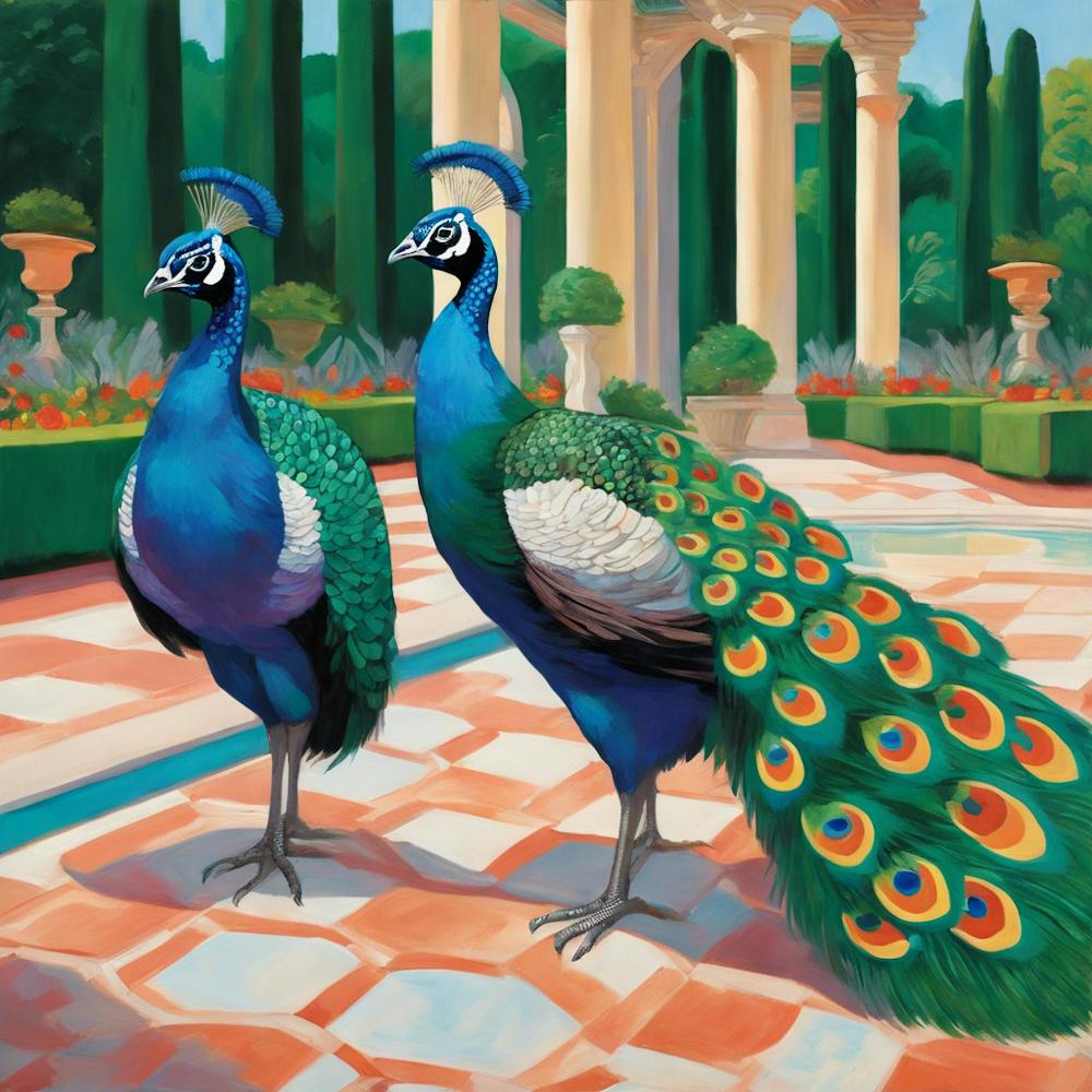 Peacocks in a Renaissance Garden Series. In Style of David Hockney 1