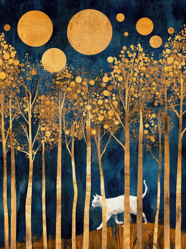 Klimt Inspired Night Forest Art With Cat, Trees And Moons, Whimsical Nightscape Abstract Woodland Gold Leaf Mixed Media Artwork, Surreal Nature Wall Art for Living Room, Bedroom, Office Luxe Interiors