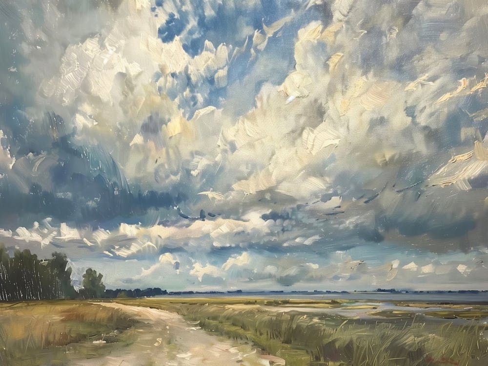 Vintage Country Landscape Painting, Neutral Cloud Landscape Oil Painting, Rustic Landscape Horizon