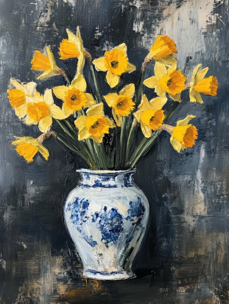 Daffodils In A Blue And White Vase 1