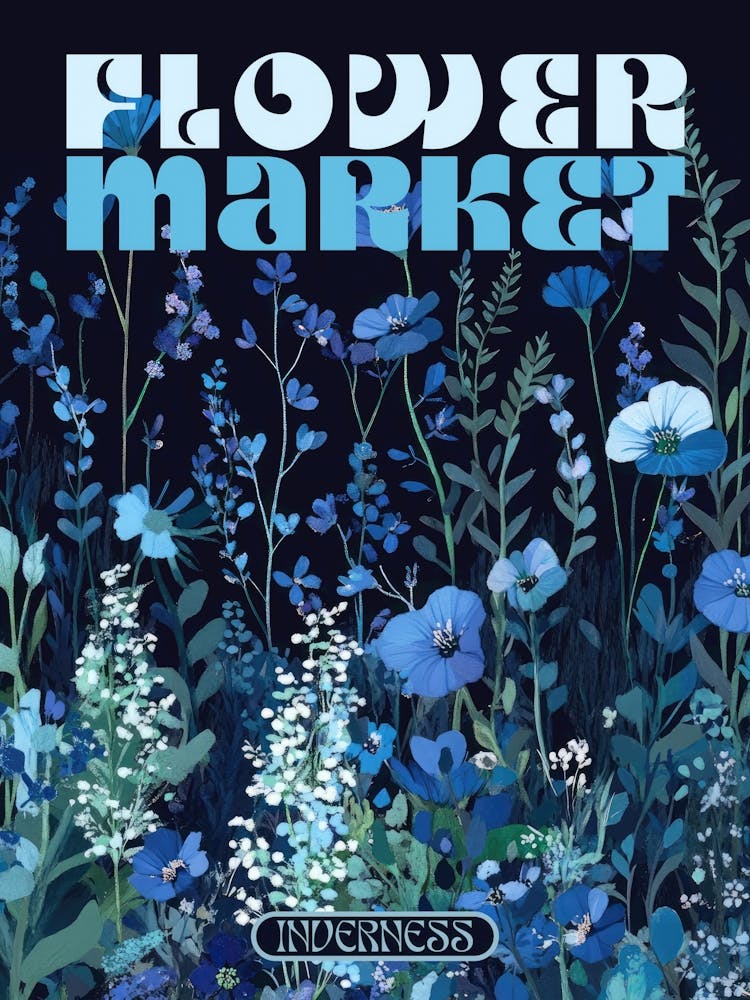 Inverness city print flower market poster in dark blues, retro aesthetic floral illustration with 70s style typography, vintage travel prints perfect for eclectic living rooms, bedrooms, kitchens, entryways