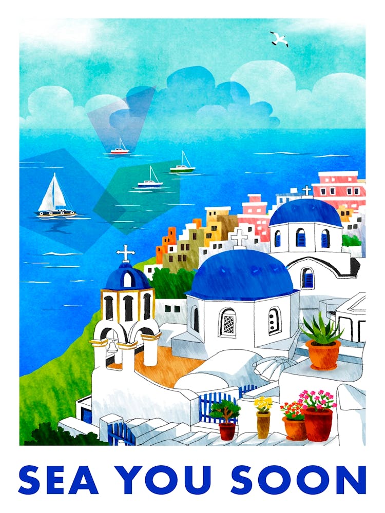 Sea you soon [Santorini, Greece] - travel poster, vector art