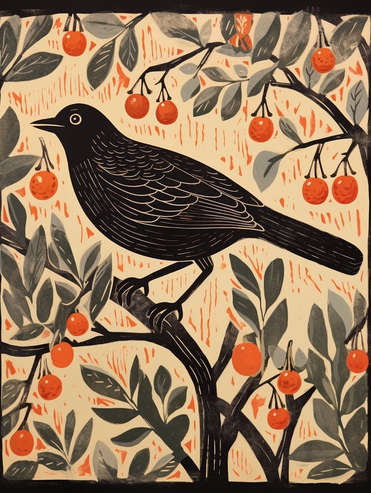 Vintage Bird Linocut Blackbird 2