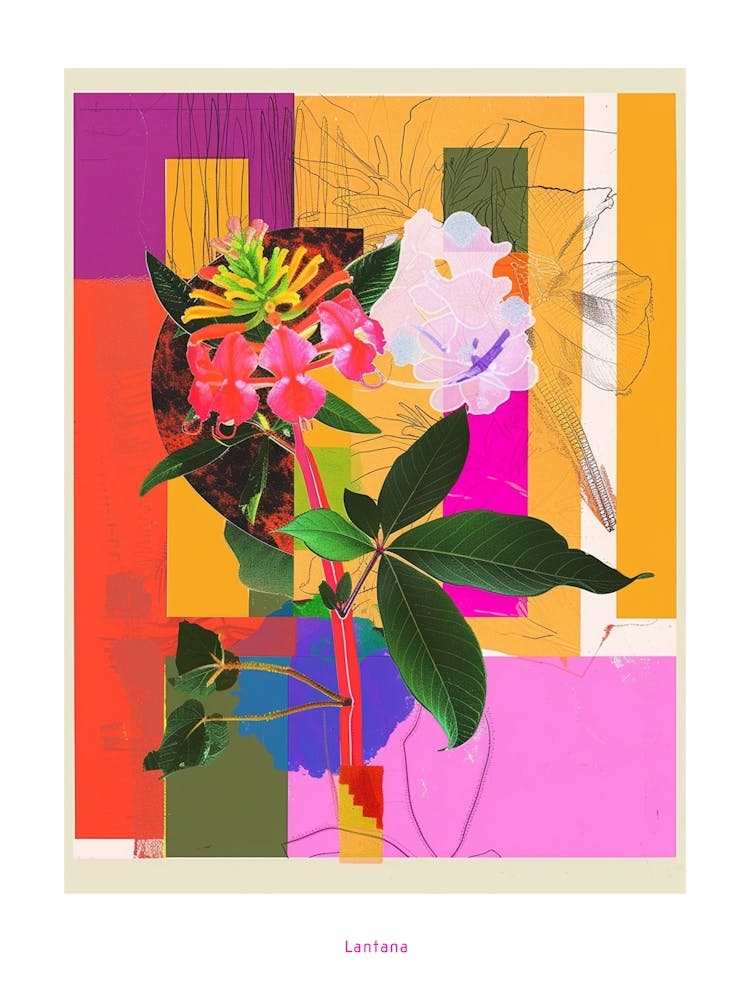 Lantana 1 Neon Flower Collage Poster