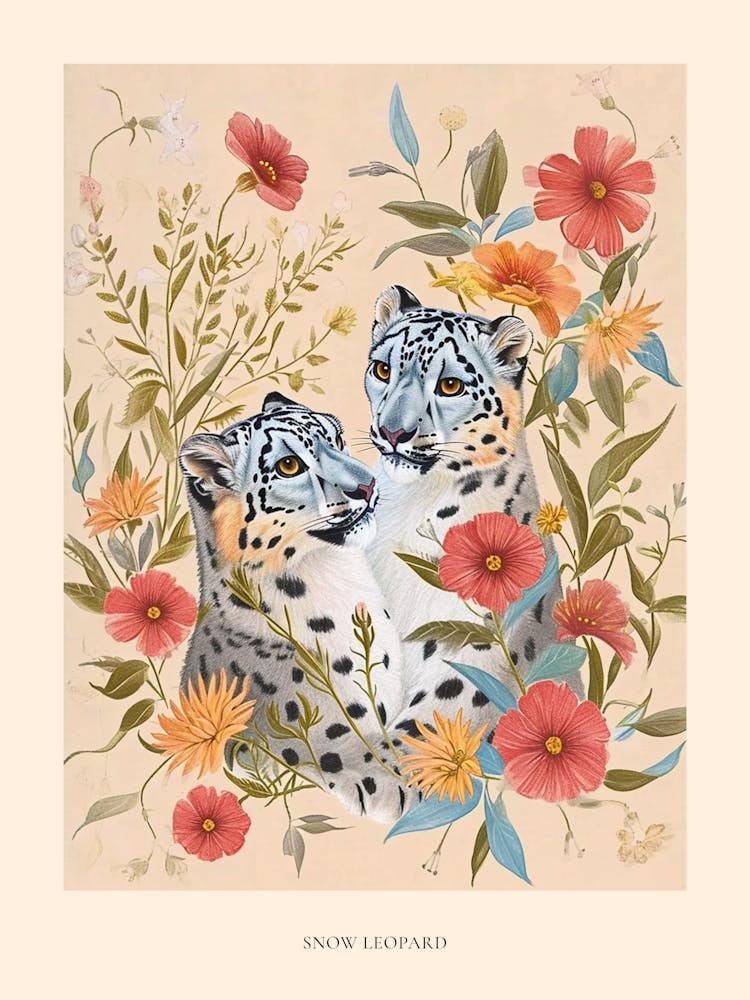 Folksy Floral Animal Drawing Snow Leopard 2 Poster