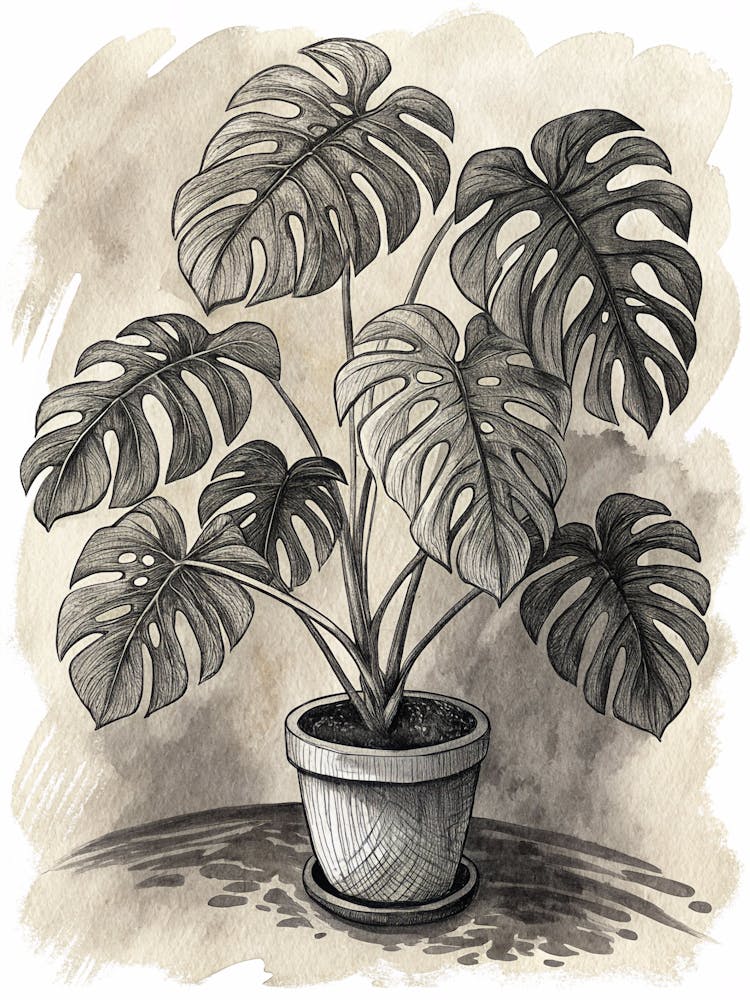 Oil Painting Style Ink Sketch Of Monstera Plant