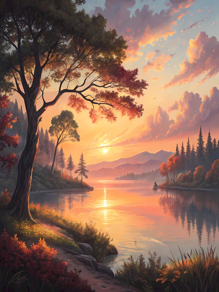 Peaceful Lakeside Sunset Landscape Oil Painting