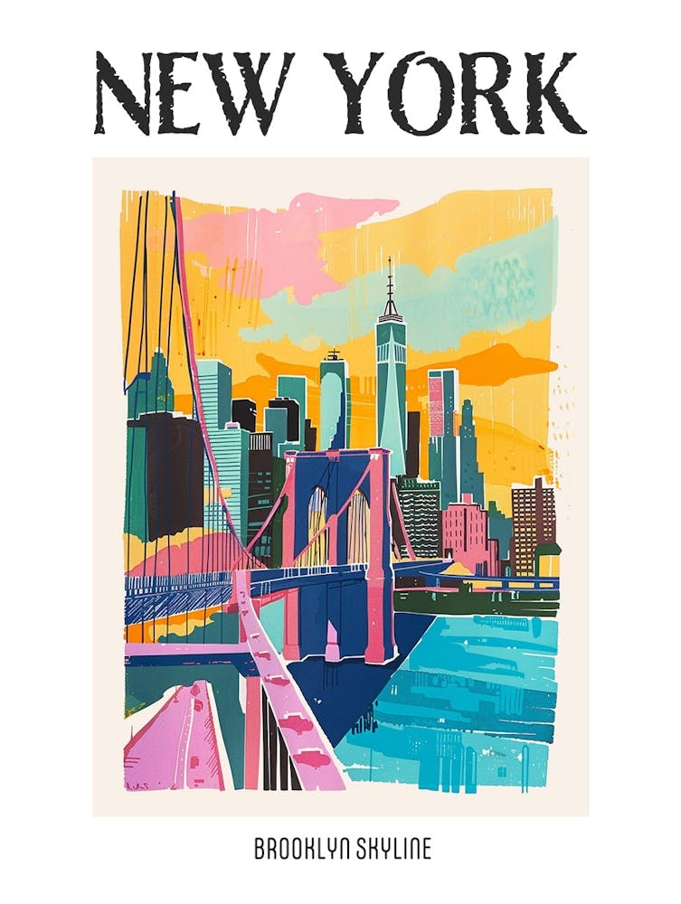 Brooklyn Skyline New York Bunte Siebdruck-Illustration 4 Poster