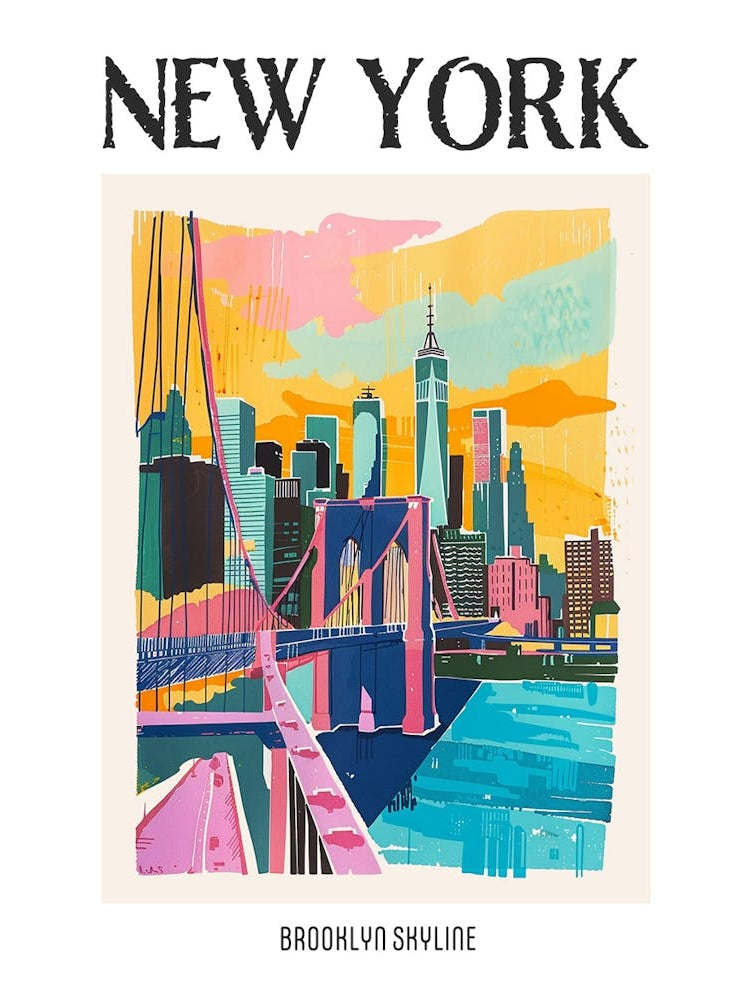 Brooklyn Skyline New York Colourful Silkscreen Illustration 4 Poster
