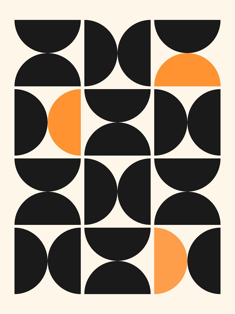 Bauhaus black and orange Semi Circles Pattern, vintage, retro, bauhaus, exhibition, museum, colorful, summer, mid century, pattern, european, french, shapes, decor