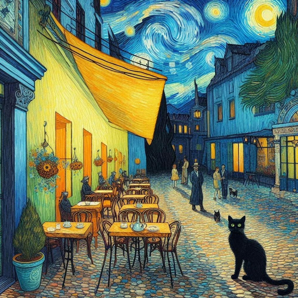 Starry Night cafe terrace and cat