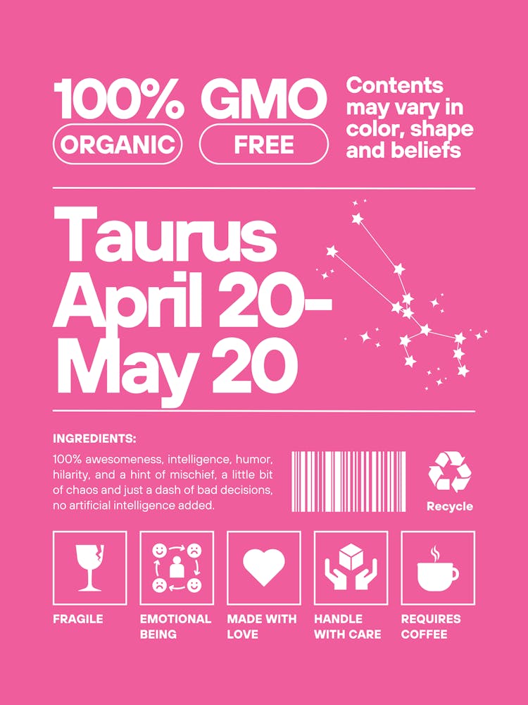 Taurus Wall Art | Taurus Nurtriton Facts Wall Art | Pink Zodiac Decor | Dorm, Office, Living Room, Bedroom, Apartment Wall Art | Trendy Preppy Colorful Maximalists |